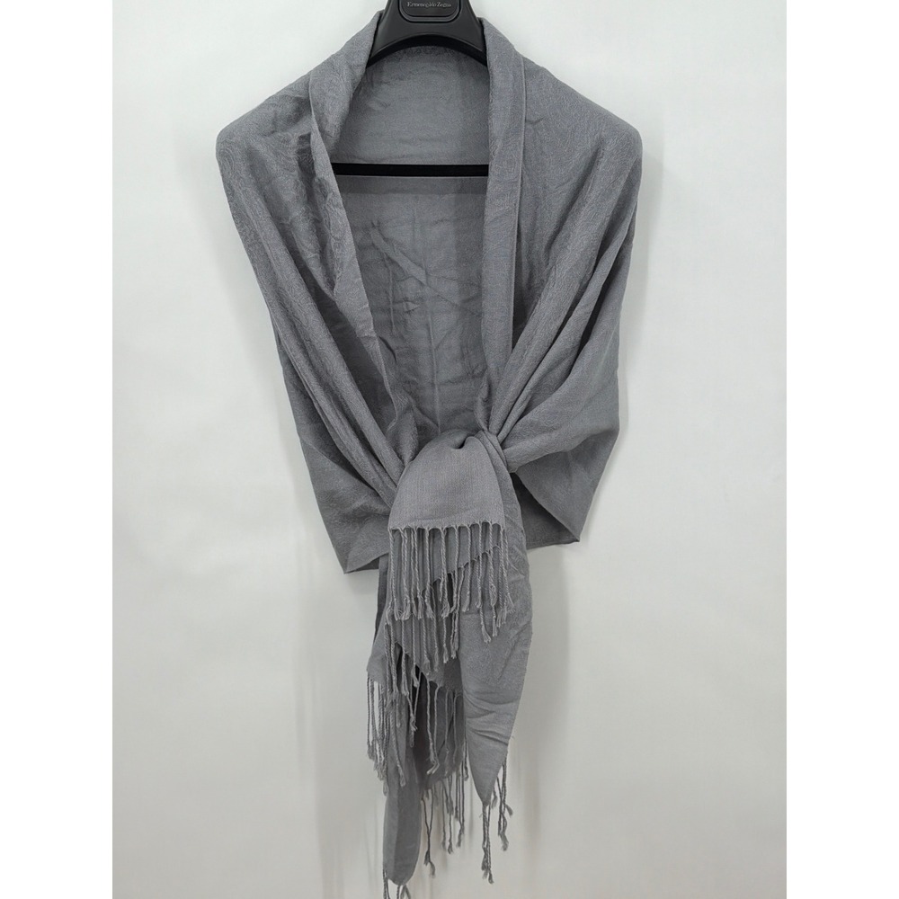 Grey Pashmina Silk Blend Paisley Jacquard Shawl Wrap Scarf Fringe 74x28"